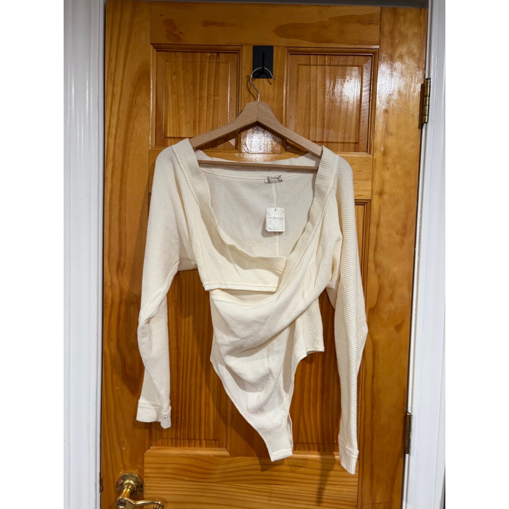 New Free People Intimately Cream Waffle Knit Long Sleeve Bodysuit Snap Closure